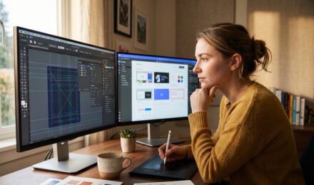 Side-by-side comparison of Figma and Canva interfaces on a designer's laptop screen