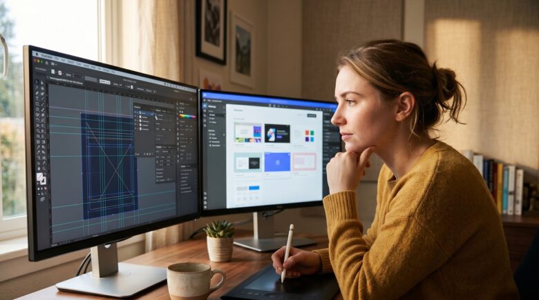 Side-by-side comparison of Figma and Canva interfaces on a designer's laptop screen