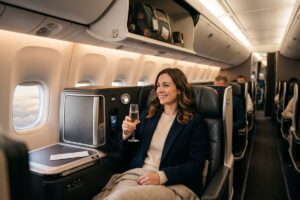 Budget traveler sitting in a business class seat after scoring a free flight upgrade