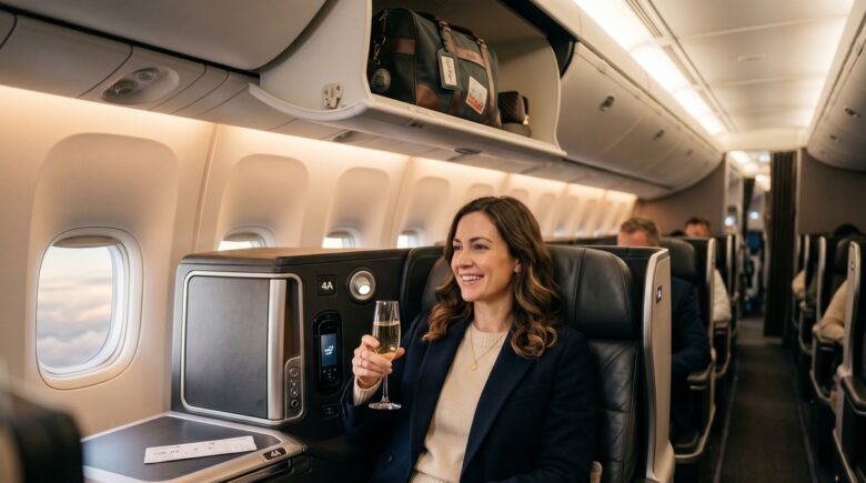 Budget traveler sitting in a business class seat after scoring a free flight upgrade