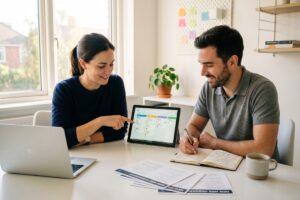 Two-person consulting firm using free client onboarding apps on laptop and tablet