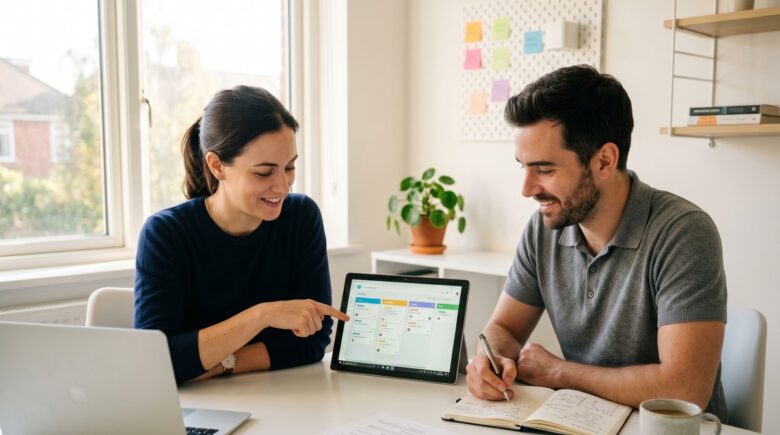 Two-person consulting firm using free client onboarding apps on laptop and tablet