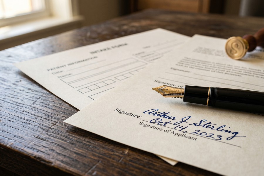 Visual diagram showing the two-step sequence: contract signing triggering intake form delivery