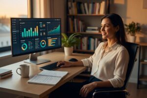 Freelance consultant using a business dashboard app on a laptop to replace spreadsheets and track key metrics
