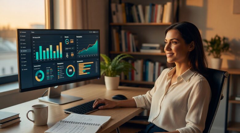Freelance consultant using a business dashboard app on a laptop to replace spreadsheets and track key metrics