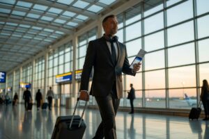 Frequent business traveler walking confidently through a busy airport terminal with carry-on luggage