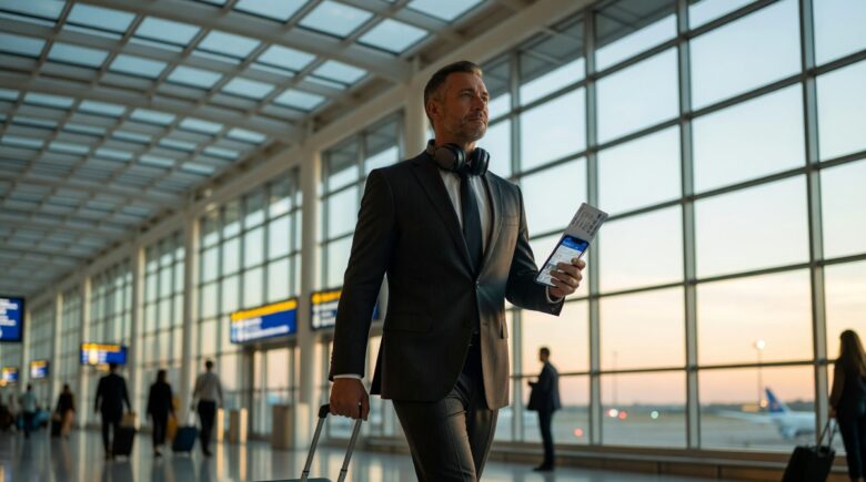 Frequent business traveler walking confidently through a busy airport terminal with carry-on luggage