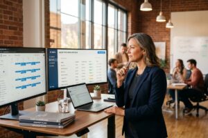 Agency owner comparing FreshBooks alternative invoicing apps on a laptop for retainer client billing