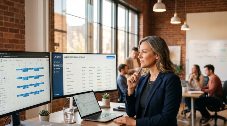 Agency owner comparing FreshBooks alternative invoicing apps on a laptop for retainer client billing