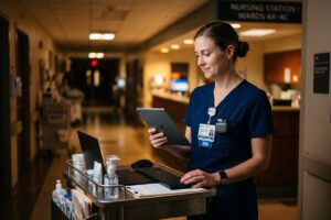 Traveling nurse using small organizational gadgets during a 12-hour hospital shift