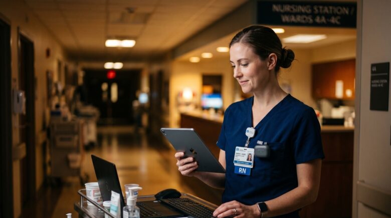 Traveling nurse using small organizational gadgets during a 12-hour hospital shift