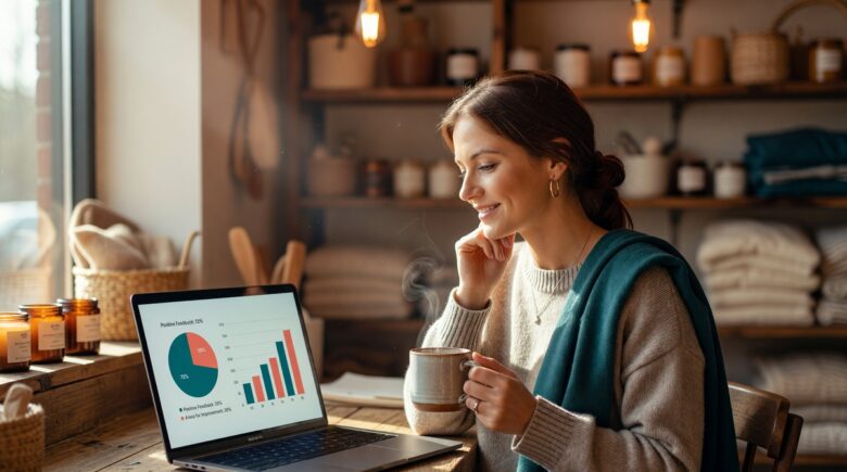 Small business owner reviewing survey results on a laptop using a Google Forms alternative app
