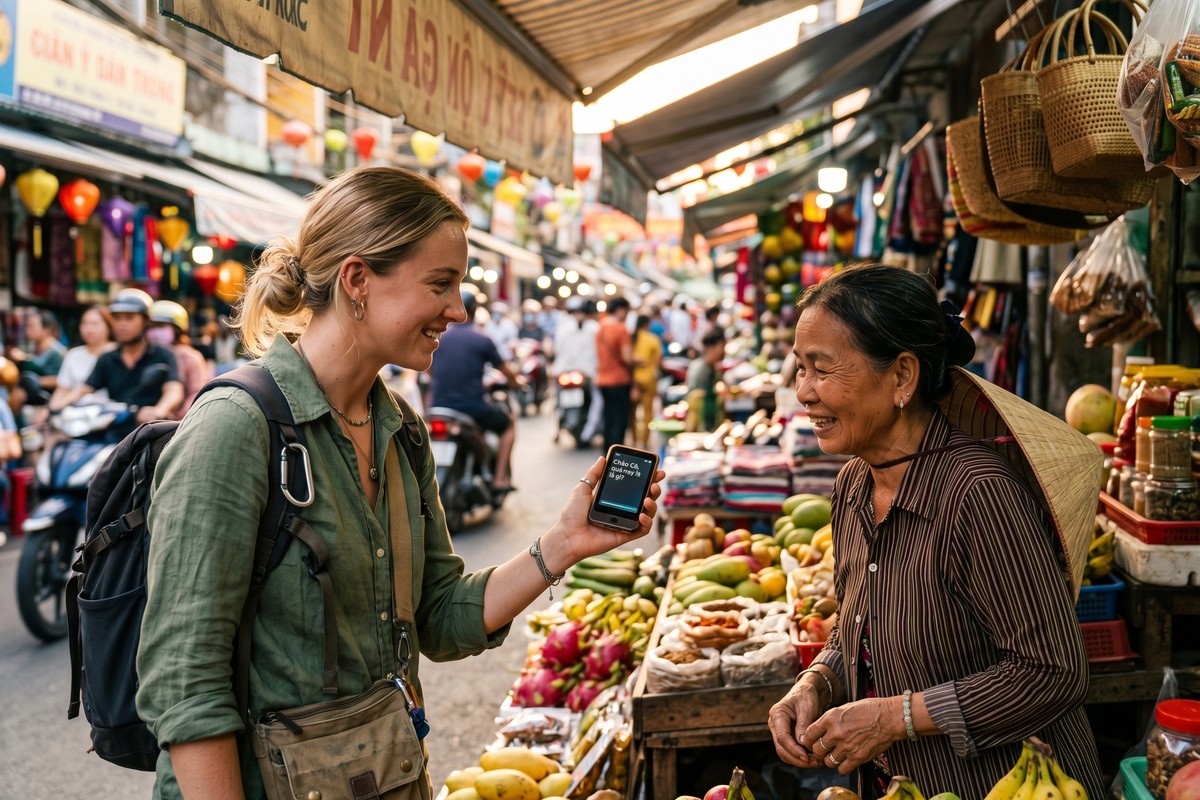 Solo traveler using a handheld translator device at a busy foreign market