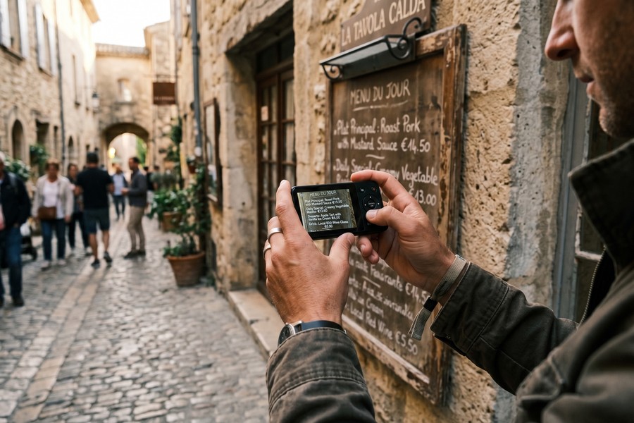 Solo traveler using a handheld translator device to read a Japanese menu at a rural restaurant