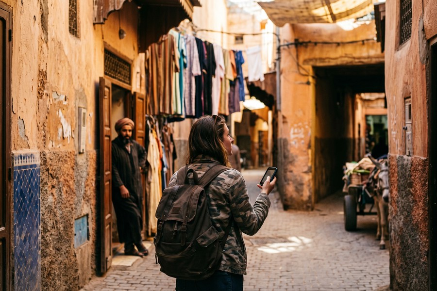 Handheld translator device displaying Arabic text while traveler navigates a medina market