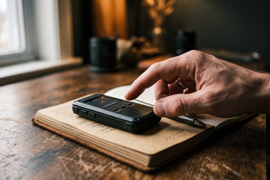 Comparison of three handheld translator devices side by side on a travel-worn wooden table