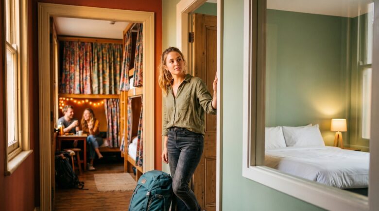 Solo traveler comparing a hostel dorm room and a budget hotel room side by side