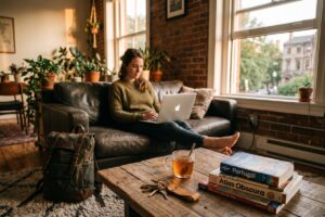 A traveler reviewing house sitting listings on a laptop while sitting in a cozy living room with a dog nearby