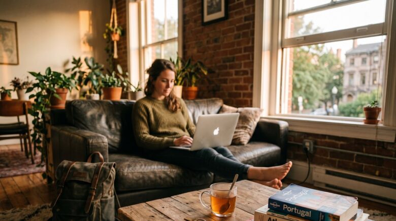A traveler reviewing house sitting listings on a laptop while sitting in a cozy living room with a dog nearby