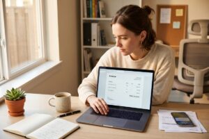 Invoice Ninja vs Wave app comparison on a laptop screen for freelancers