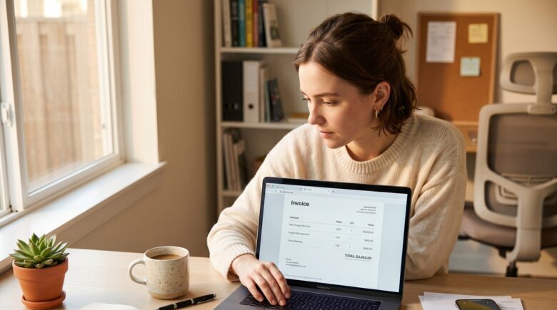 Invoice Ninja vs Wave app comparison on a laptop screen for freelancers