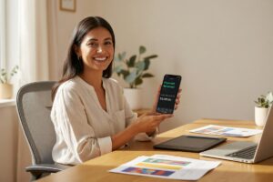 Freelance designer using an invoicing app on a laptop to send a professional invoice and get paid faster