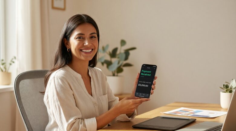 Freelance designer using an invoicing app on a laptop to send a professional invoice and get paid faster