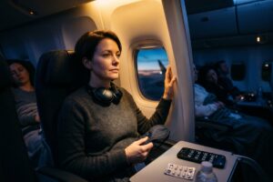 Tired traveler adjusting to new time zone after a long-haul eastward flight
