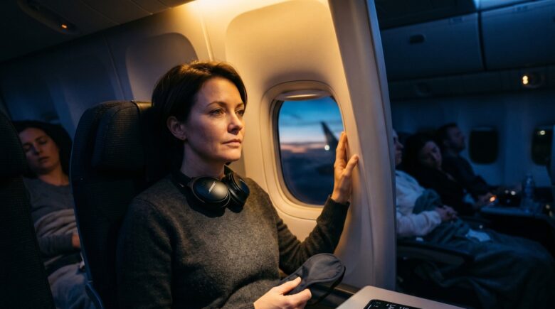 Tired traveler adjusting to new time zone after a long-haul eastward flight