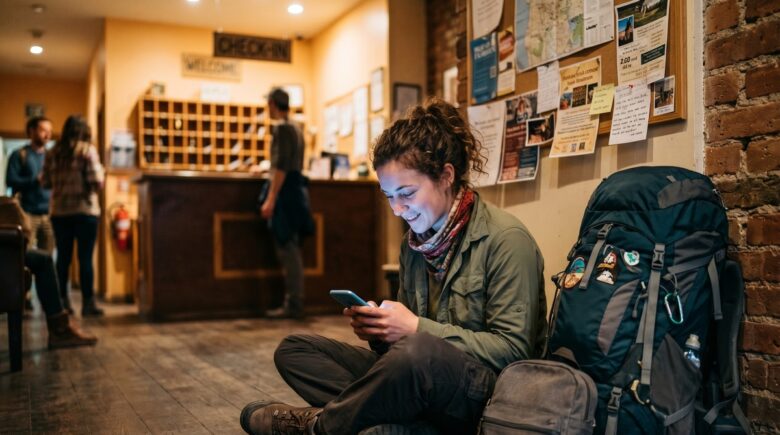 Backpacker searching for last minute accommodation on a smartphone at a busy train station