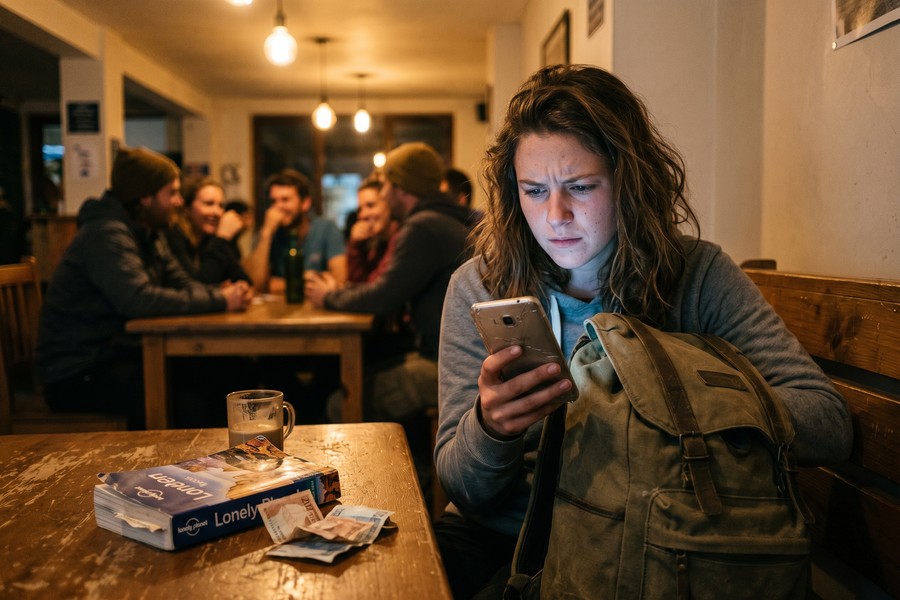 Backpacker using smartphone to book hostel on Hostelworld app at a bus station