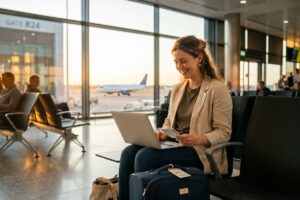 Traveler booking last minute flight deals on a laptop at an airport