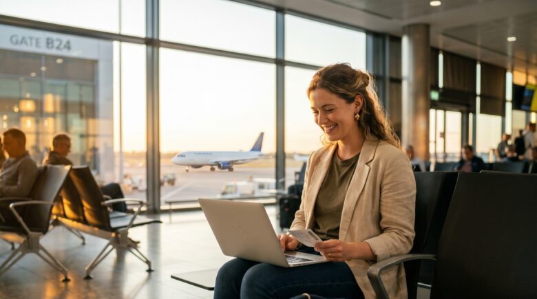 Traveler booking last minute flight deals on a laptop at an airport