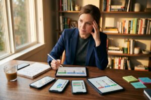 Solo consultant using a lead management app on laptop to track multiple prospects