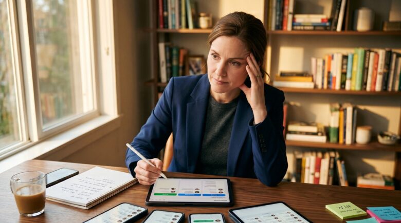 Solo consultant using a lead management app on laptop to track multiple prospects