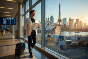 Traveler exploring a city during a long layover with luggage and a map
