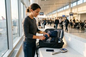Long-term traveler packing a lightweight carry-on bag under 7kg with minimal clothing and travel essentials
