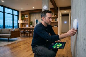 Advanced mesh network setup with multiple nodes and optimized Wi-Fi coverage in a modern home