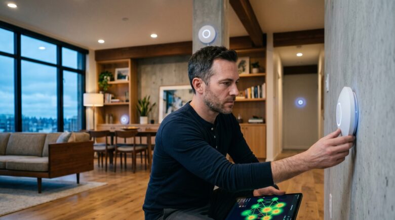 Advanced mesh network setup with multiple nodes and optimized Wi-Fi coverage in a modern home