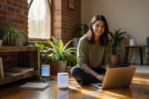 Remote freelancer working from home with a mesh Wi-Fi router system eliminating dead zones