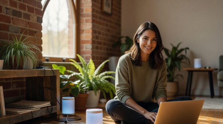 Remote freelancer working from home with a mesh Wi-Fi router system eliminating dead zones
