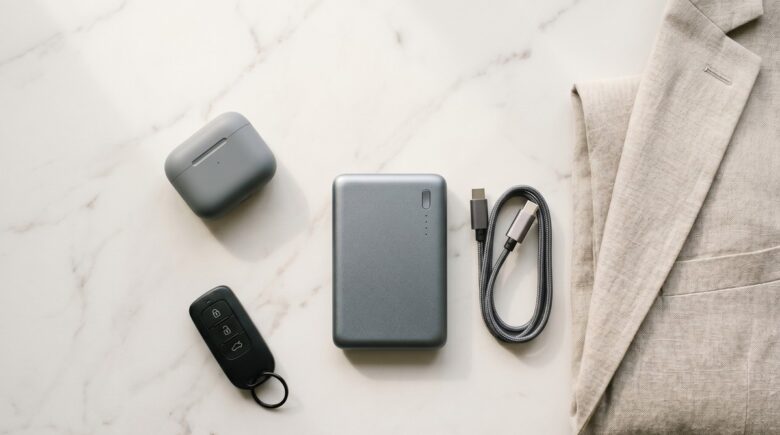 Minimalist portable charger placed next to a smartphone on a clean desk