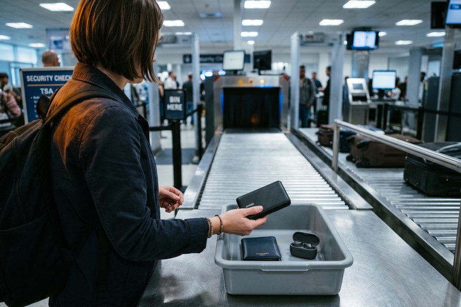 TSA checkpoint with carry-on bag containing a portable charger and cables being screened