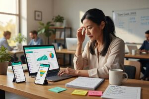 Small business owner comparing CRM apps on a laptop before buying