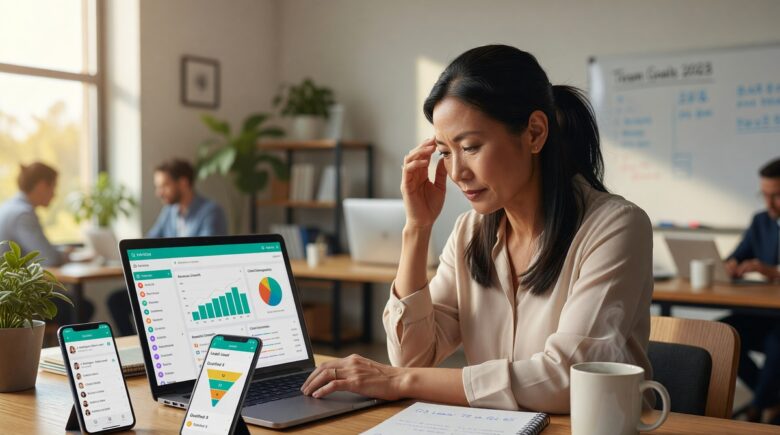 Small business owner comparing CRM apps on a laptop before buying