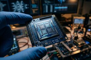 Neuromorphic chip circuit board representing brain-inspired AI hardware technology
