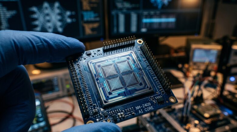 Neuromorphic chip circuit board representing brain-inspired AI hardware technology