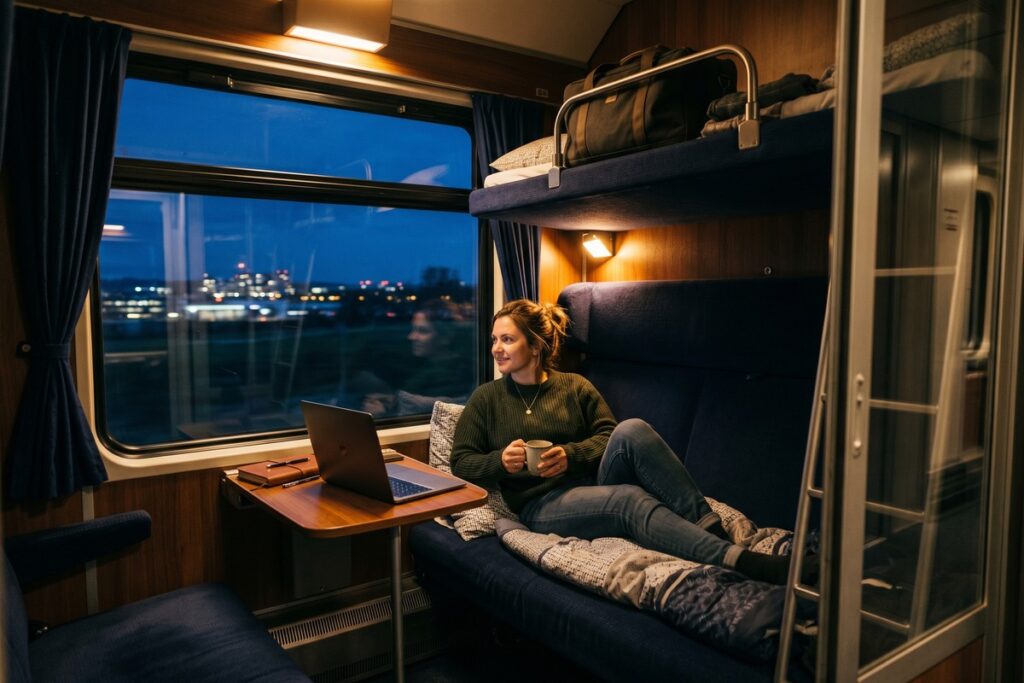Traveler sleeping in a cozy night train cabin with luggage overhead and city lights passing outside the window