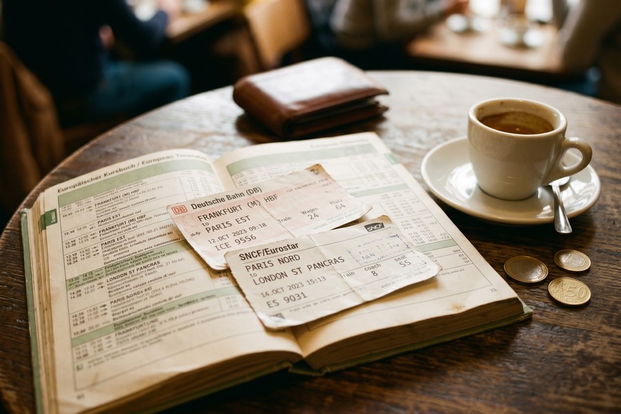 A traveler reviewing a European rail pass map at a train station ticket counter