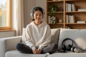 Beginner holding noise-canceling headphones while reading a buying guide on a laptop